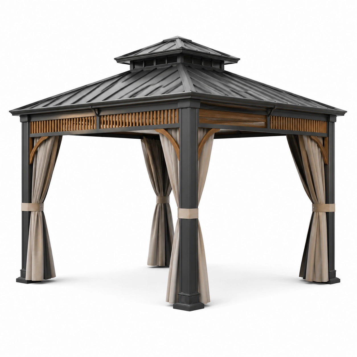 Pavillon en aluminium avec toit en acier et rideaux en polyester anthracite