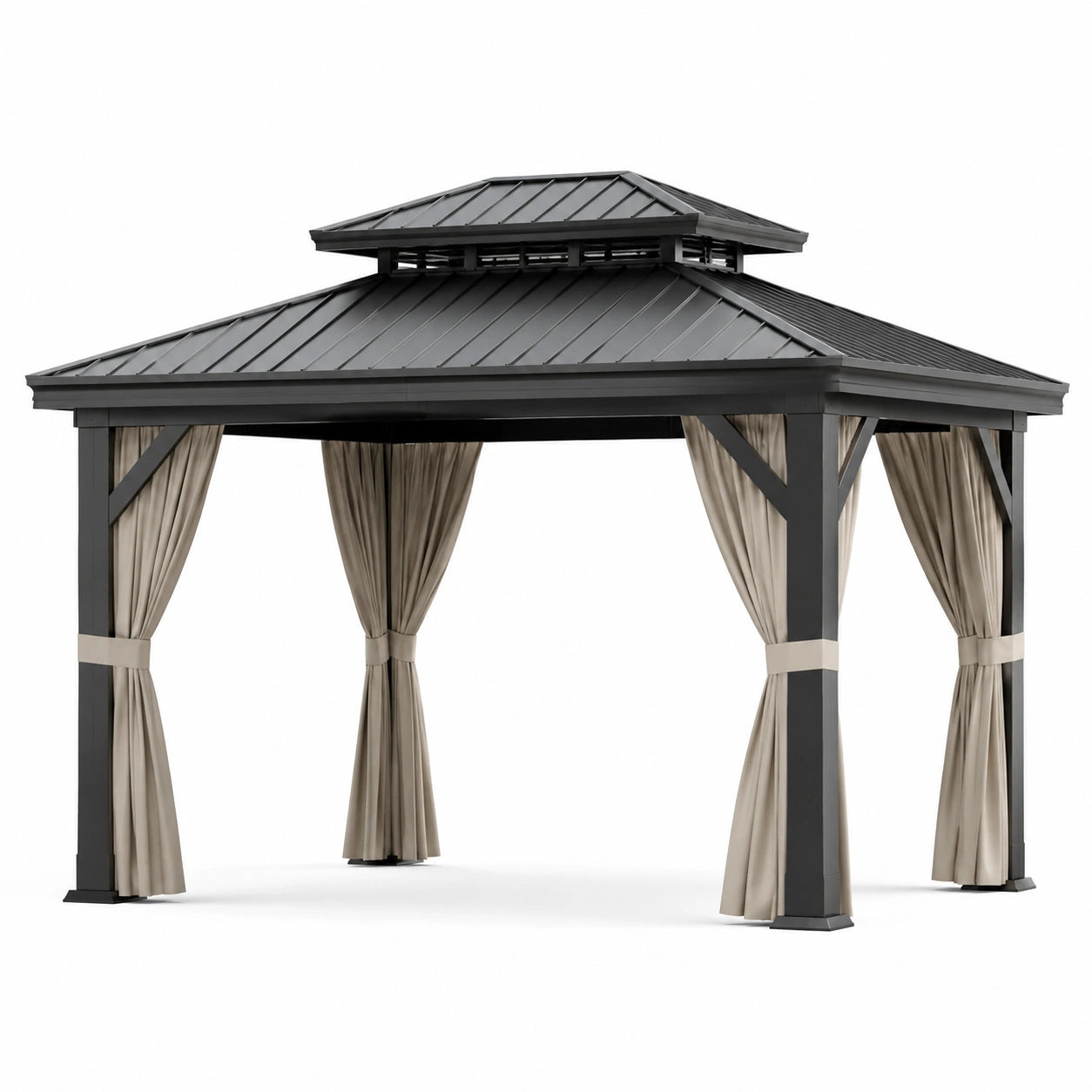 Pavillon en aluminium avec rideaux en polyester taupe 4x3 m