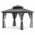 Pavillon en aluminium avec toit en métal gris et rideaux en polyester