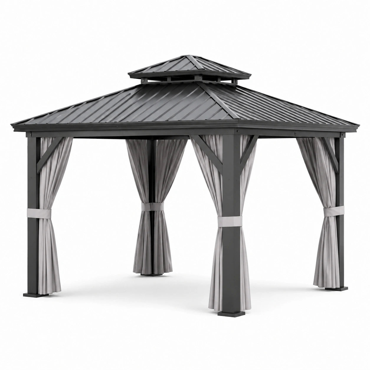 Pavillon en aluminium avec toit en métal gris et rideaux en polyester