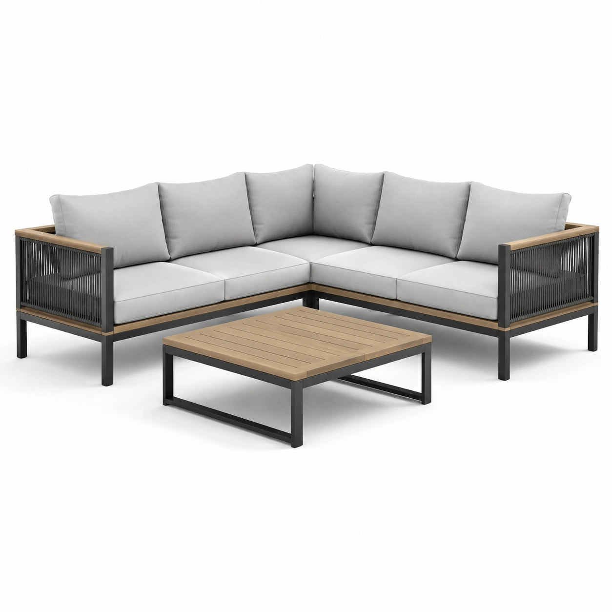 Ensemble de jardin en aluminium et bois avec corde gris 5 places et table basse