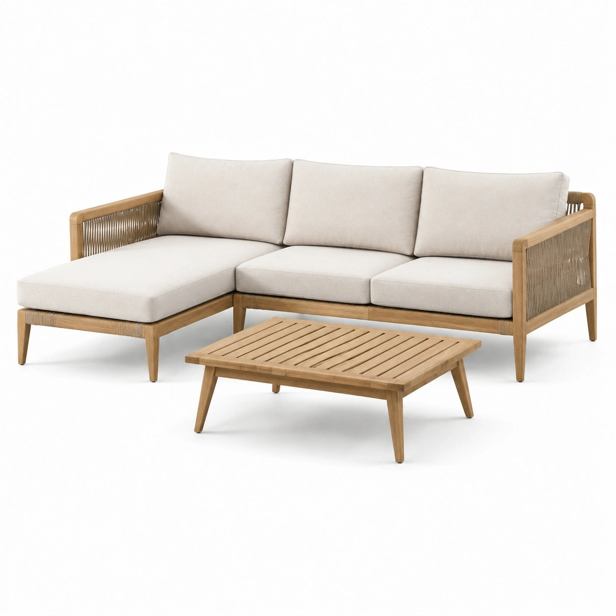Ensemble de salon d'extérieur en bois et tissu beige