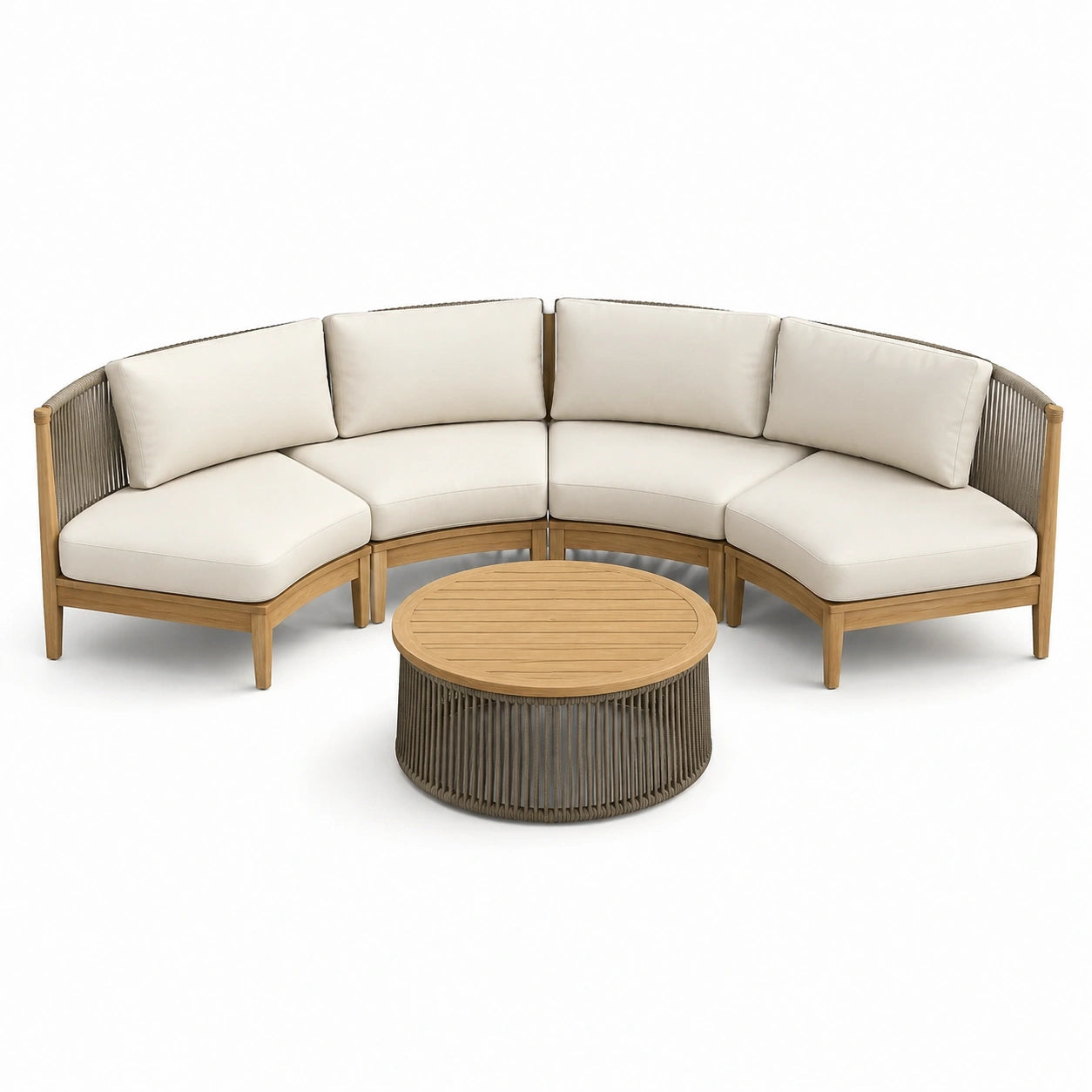 Canapé d'angle en bois d'acacia et corde avec coussins beiges et table basse