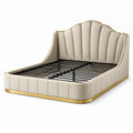 Cadre de lit en cuir synthétique beige avec bordure dorée