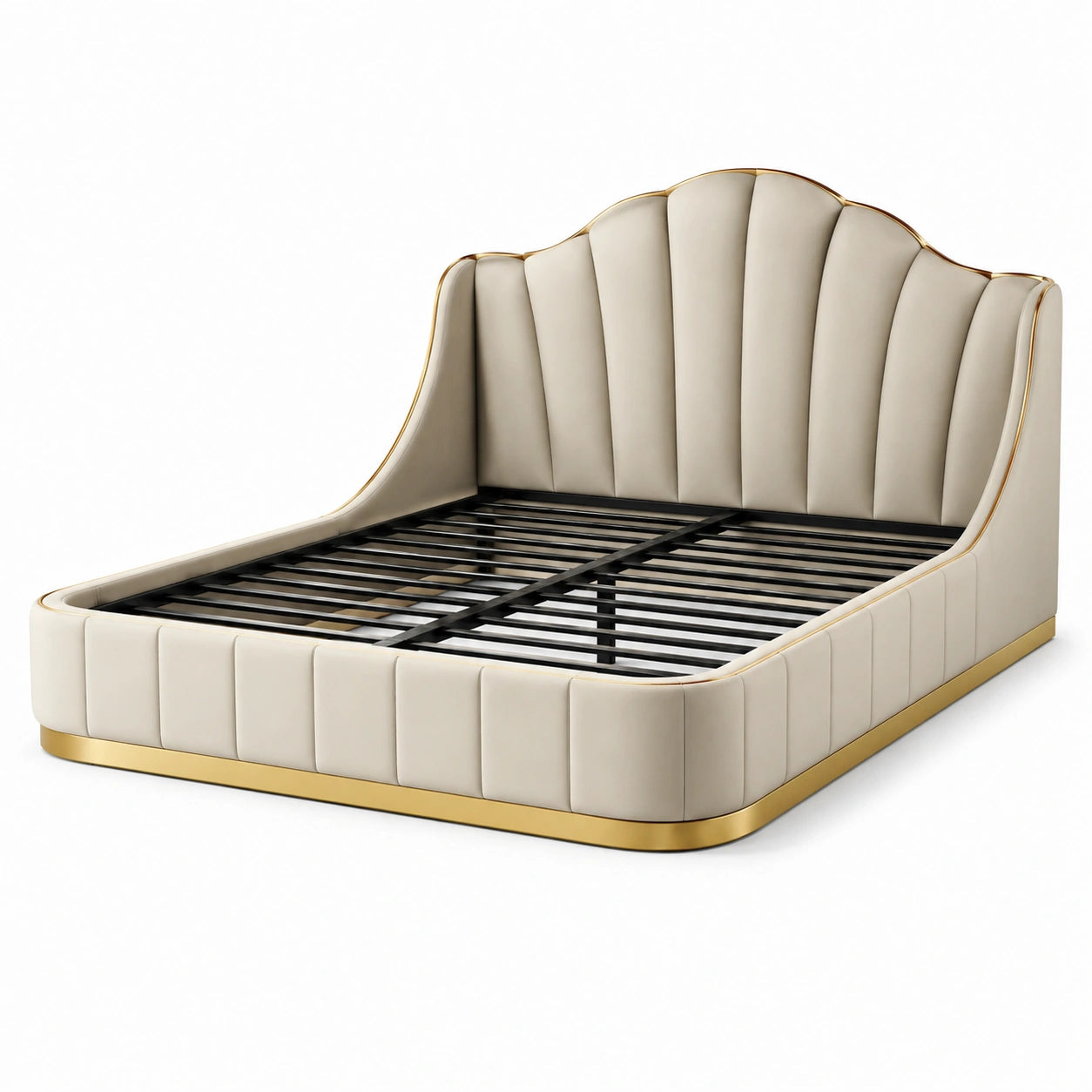 Cadre de lit en cuir synthétique beige avec bordure dorée
