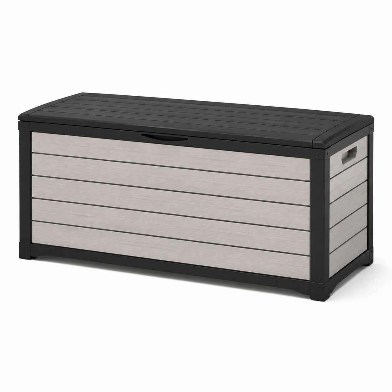 Coffre de rangement extérieur en plastique noir et gris avec texture bois 130 cm