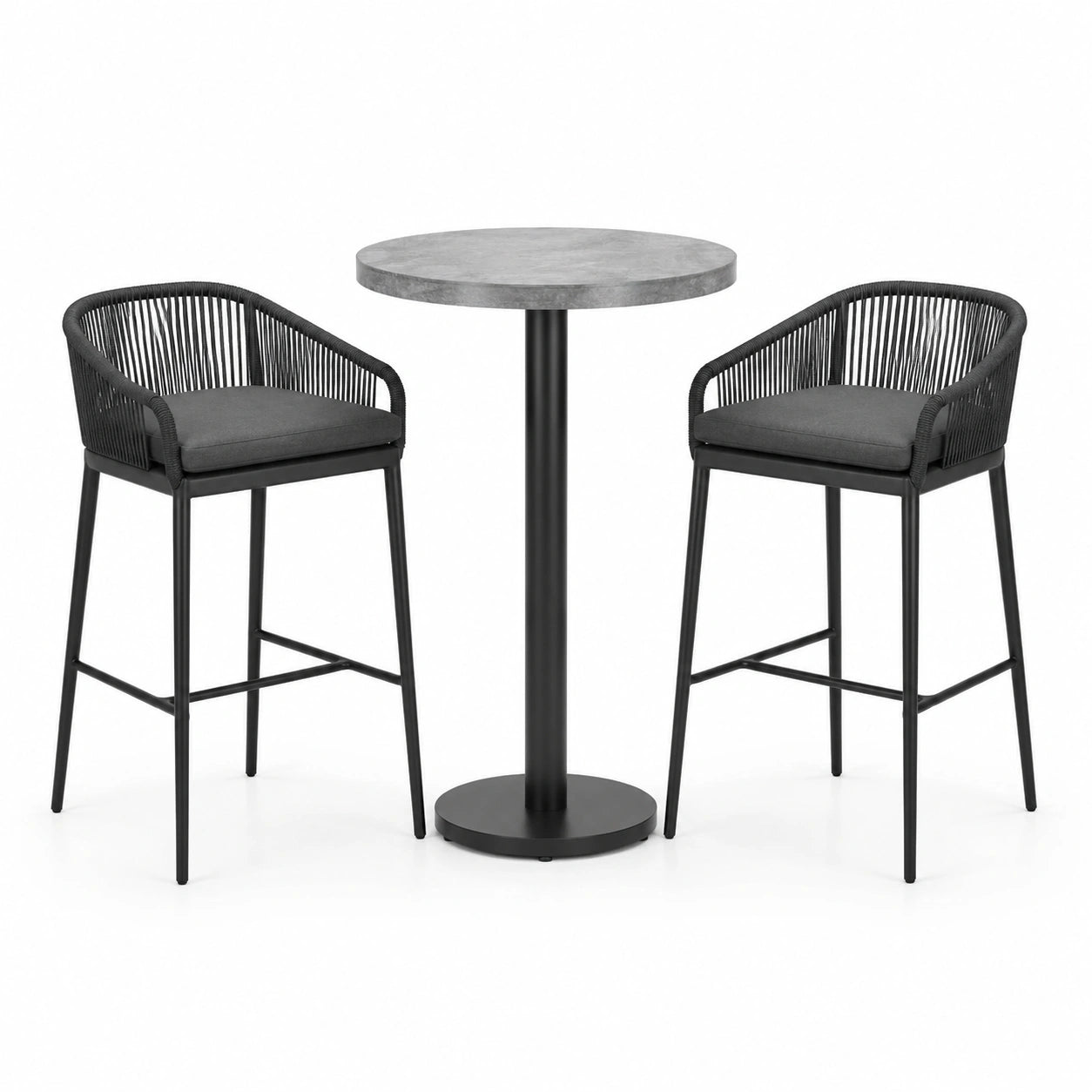 Ensemble table ronde en métal et tabourets en corde synthétique noir