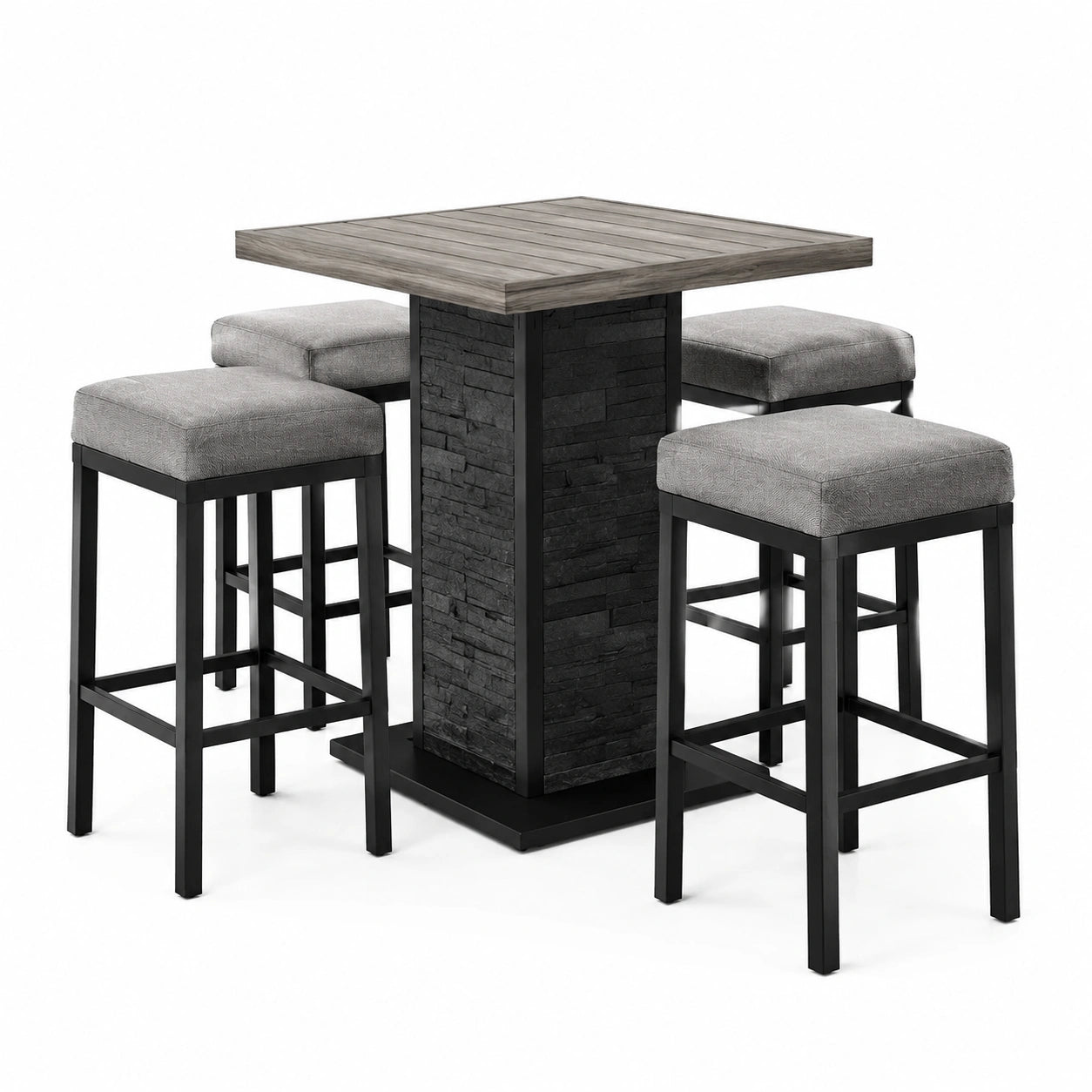 Table haute en bois et tabourets en métal avec tissu gris