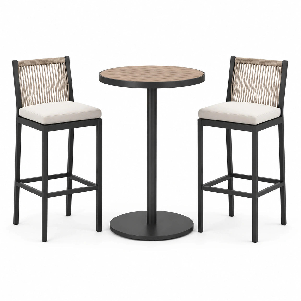 Ensemble de bar en bois et métal noir avec tabourets en corde beige