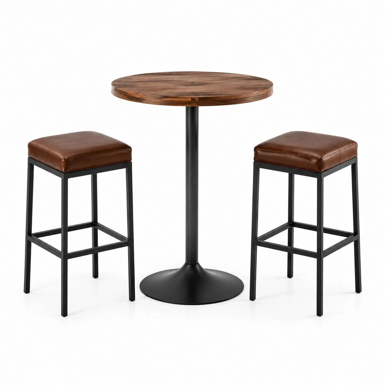 Ensemble table en bois massif et tabourets en métal avec assise en cuir