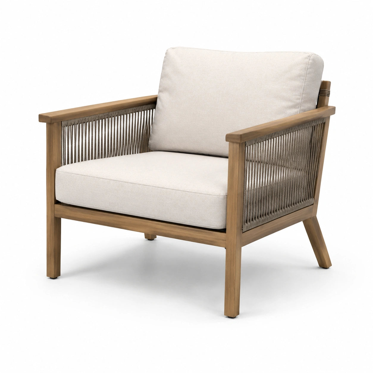 Fauteuil en bois d'acacia et corde avec coussins en polyester beige