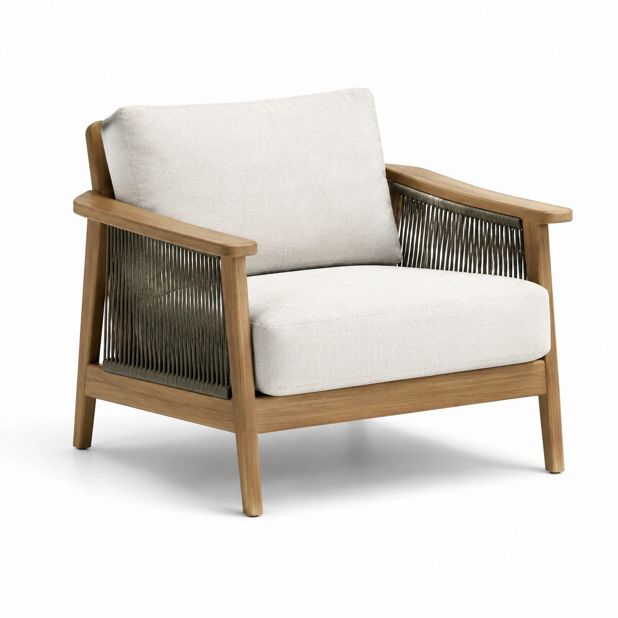 Fauteuil en bois d'acacia avec corde et coussins en polyester beige