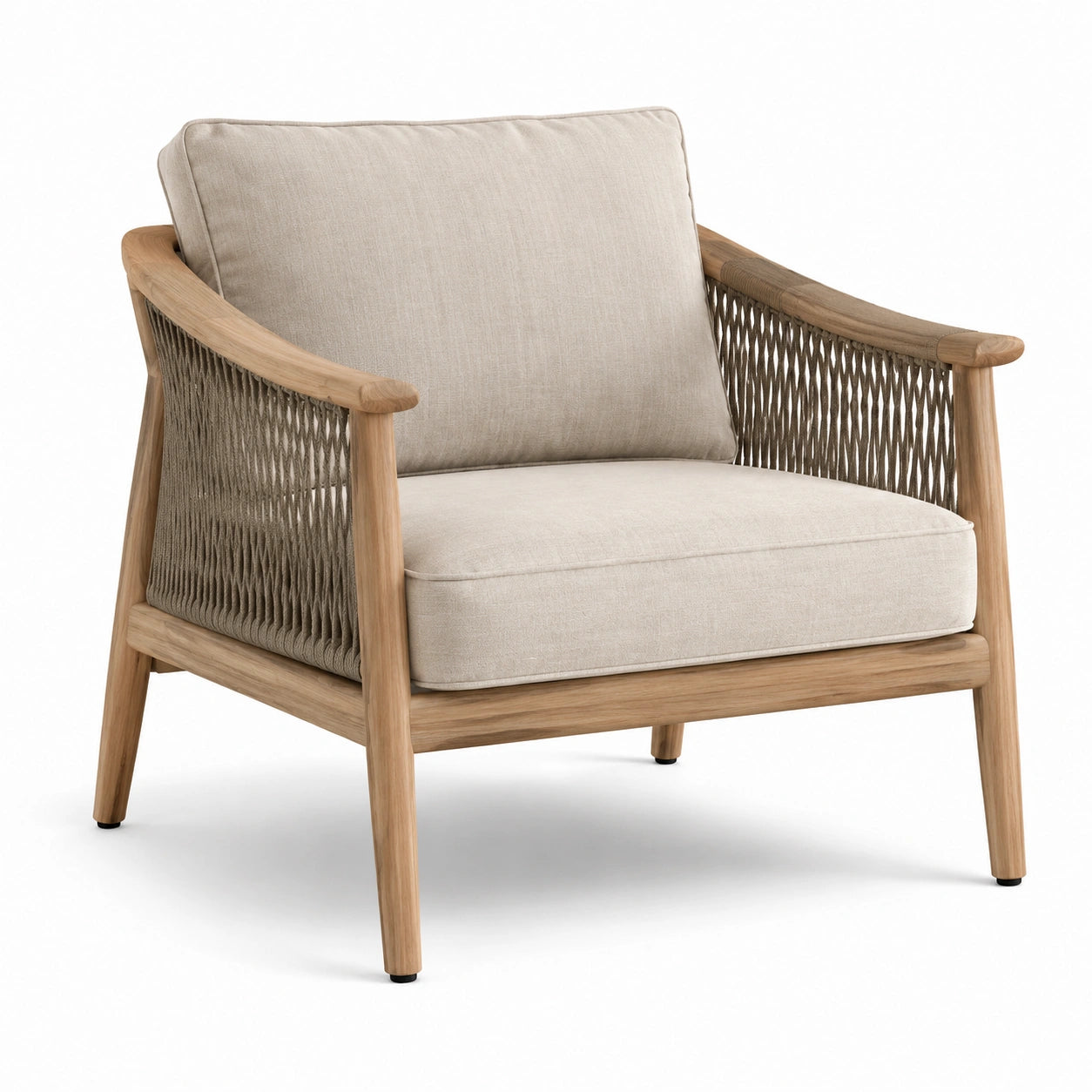 Fauteuil en bois et corde tissée beige