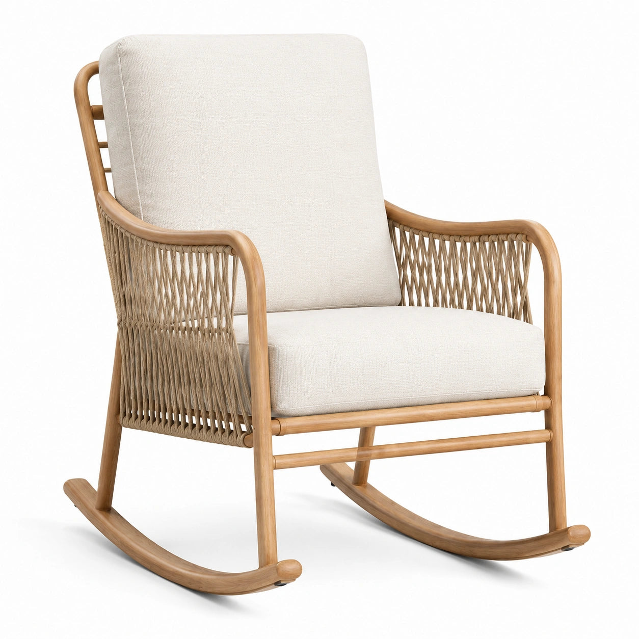 Fauteuil à bascule en bois et tissu beige