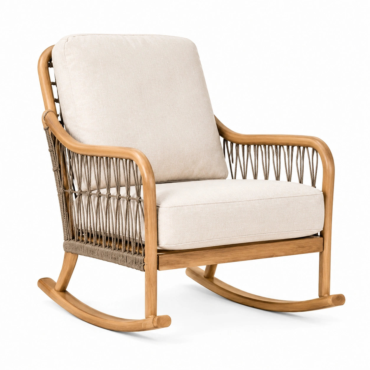 Fauteuil à bascule en bois de teck et rotin avec coussins en polyester beige