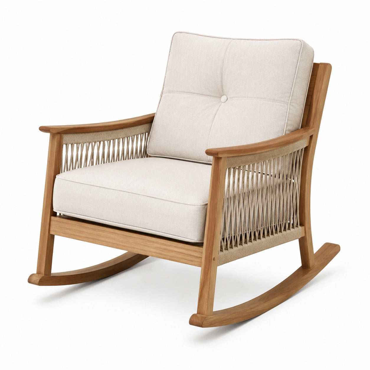 Fauteuil à bascule en bois et corde beige