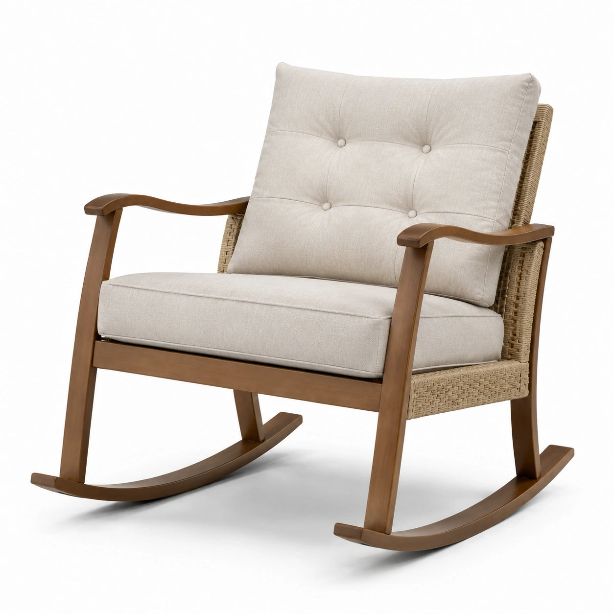 Fauteuil à bascule en bois et tissu polyester beige